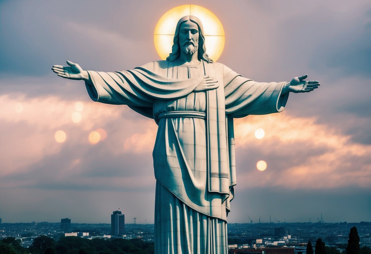 A massive, glowing statue of Jesus towers over a city, arms outstretched in a welcoming gesture. The figure radiates a sense of cultural significance and spiritual symbolism