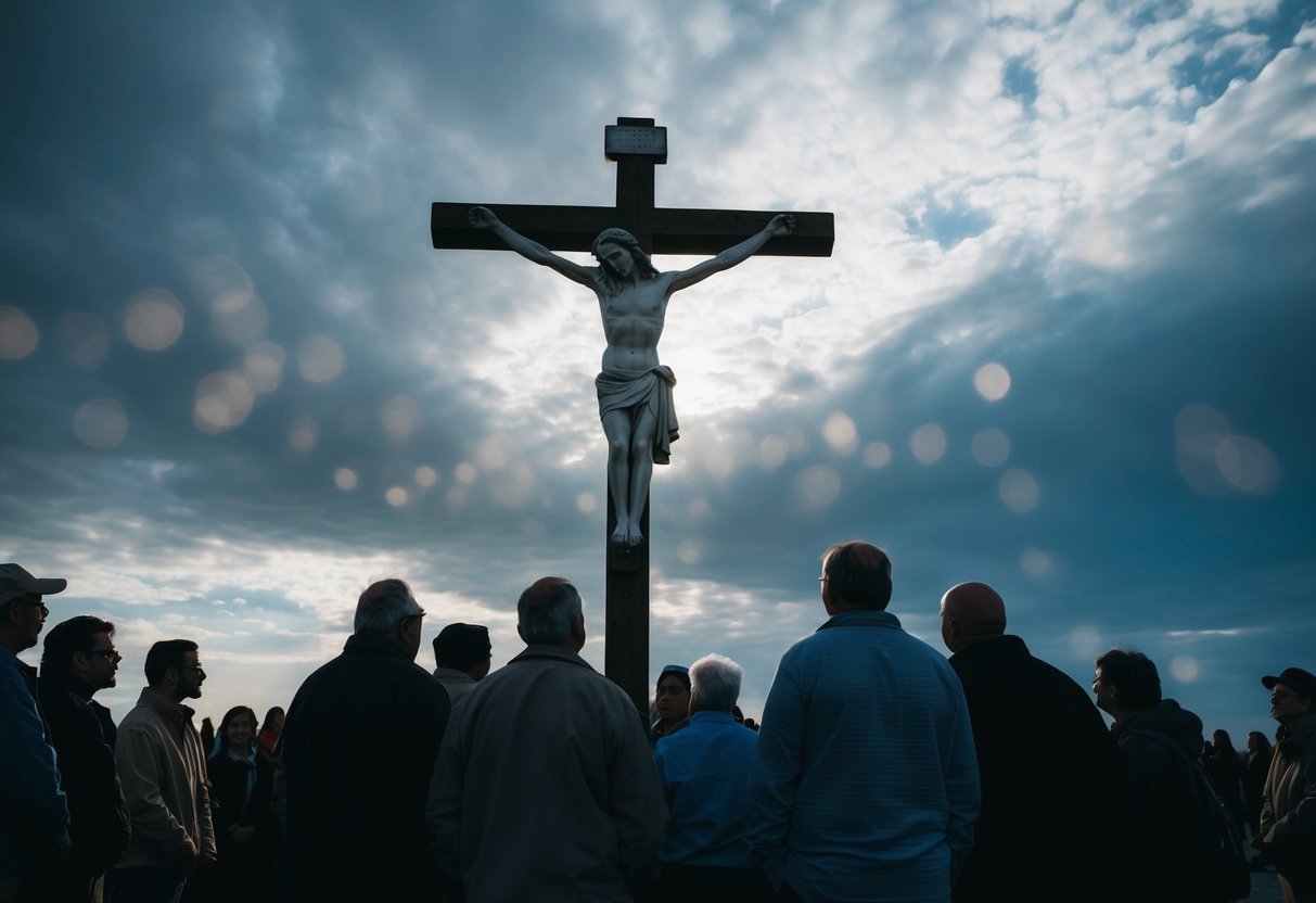 A figure on a cross, surrounded by onlookers, under a darkened sky