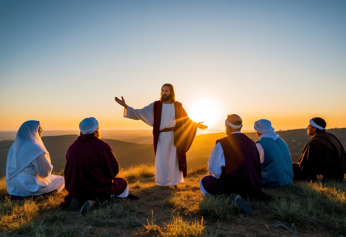 Jesus teaching a group of followers on a hillside at sunset, with a clear sky and a warm, golden light casting long shadows