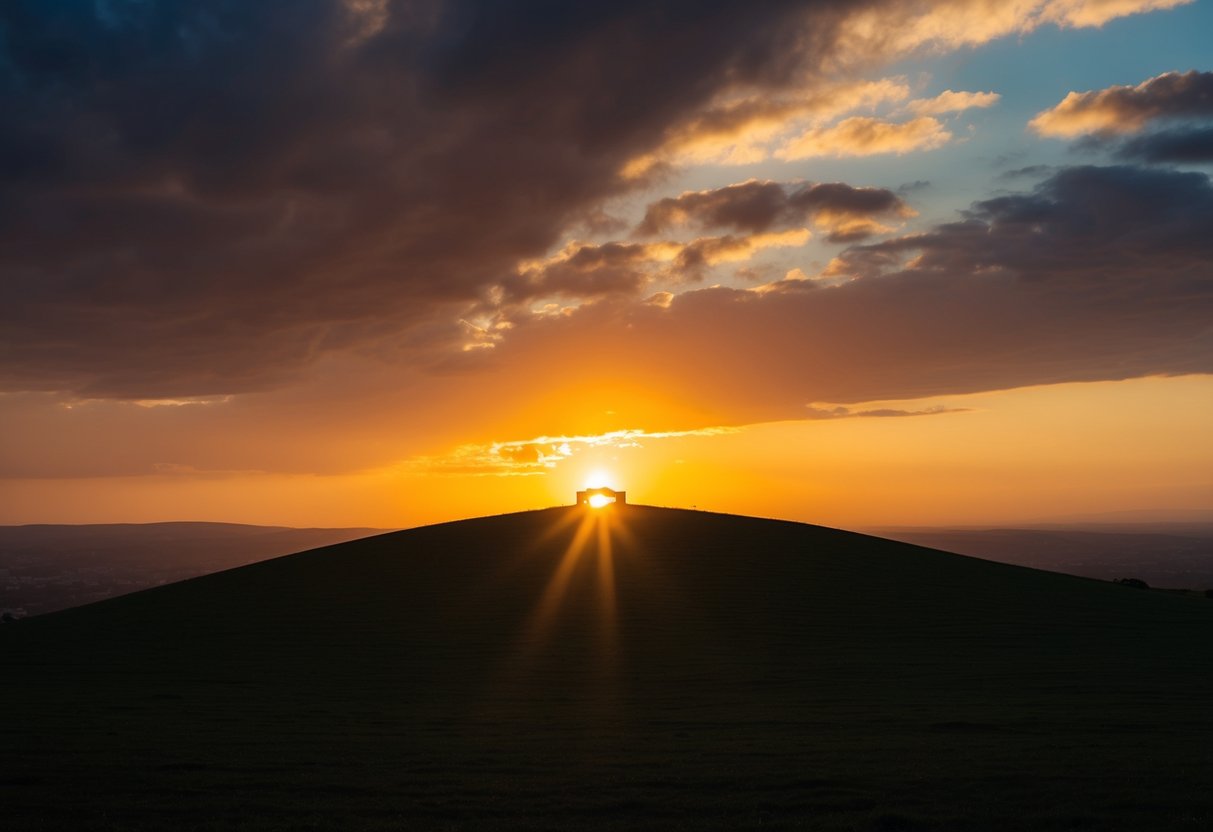 A dramatic sky with a setting sun casting a golden glow over a solitary hill, symbolizing the time of Jesus' death during the Passion Week