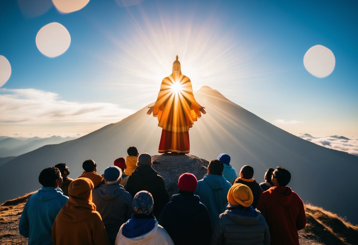A radiant figure stands on a mountain, surrounded by awe-struck followers