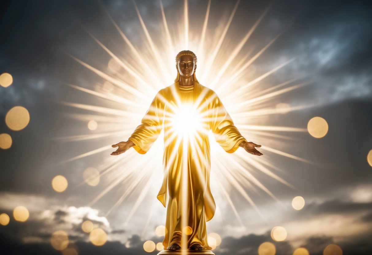 A radiant figure surrounded by light, exuding power and compassion, with a sense of divinity and authority