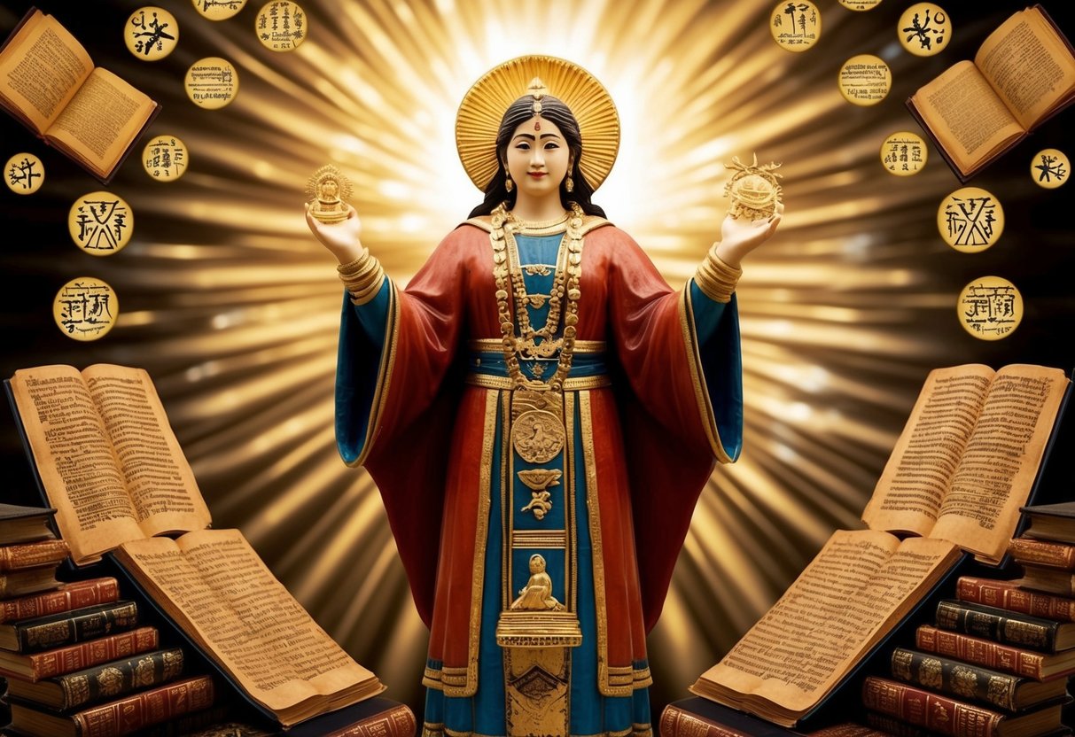 A figure surrounded by ancient texts and scholarly symbols, radiating a divine presence