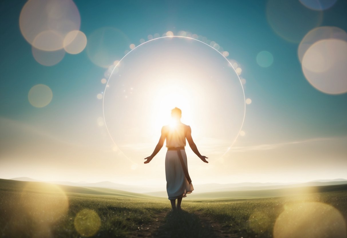 A figure standing in a serene landscape, surrounded by light and peace, with a sense of wisdom and compassion emanating from the scene