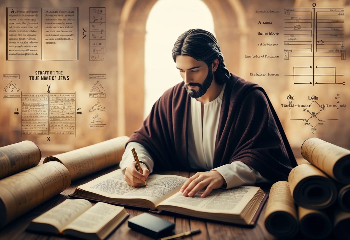 A figure studying ancient texts and scrolls, surrounded by symbols and linguistic diagrams, searching for the true name of Jesus