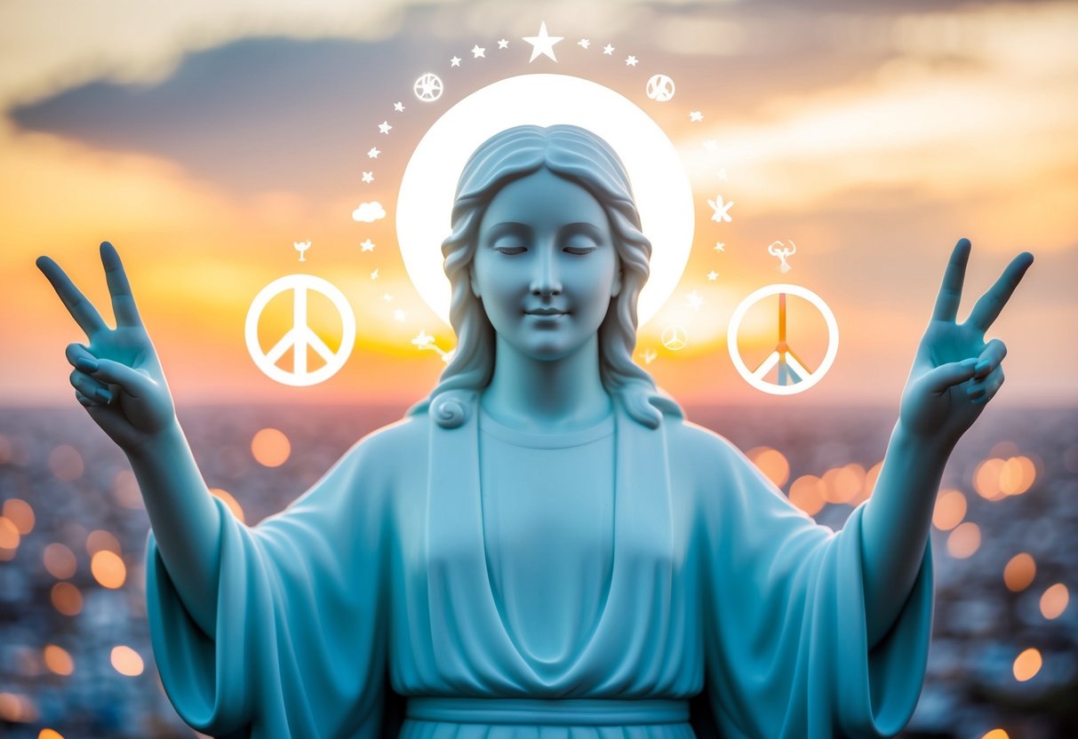 A serene figure with a halo, surrounded by symbols of peace and love