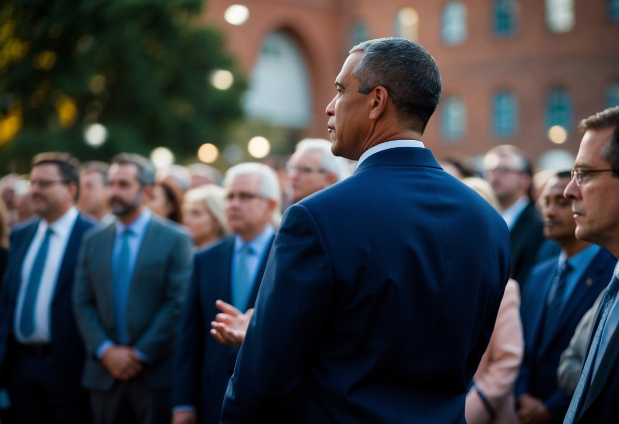 A figure standing in a crowd, head and shoulders taller than those around him, exuding a sense of authority and presence