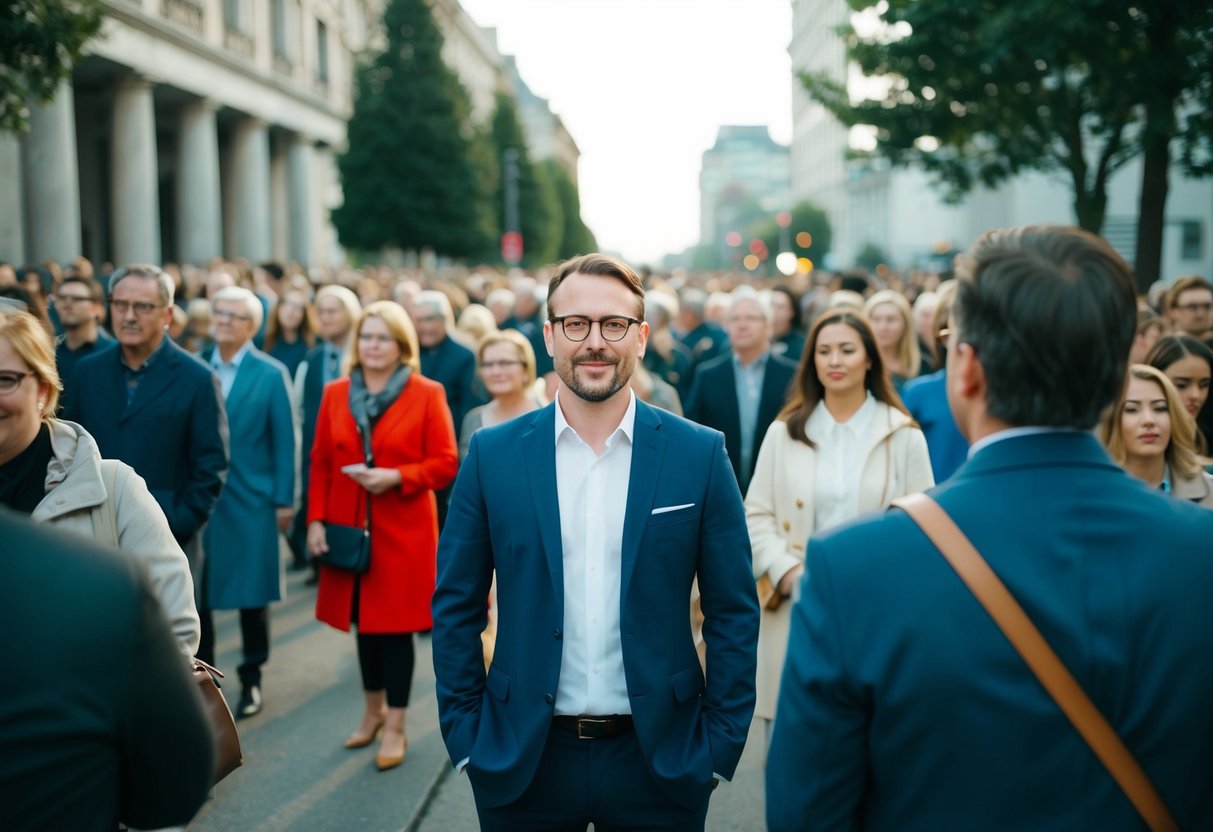 A man standing in a crowd, surrounded by people of varying heights, with buildings and trees in the background