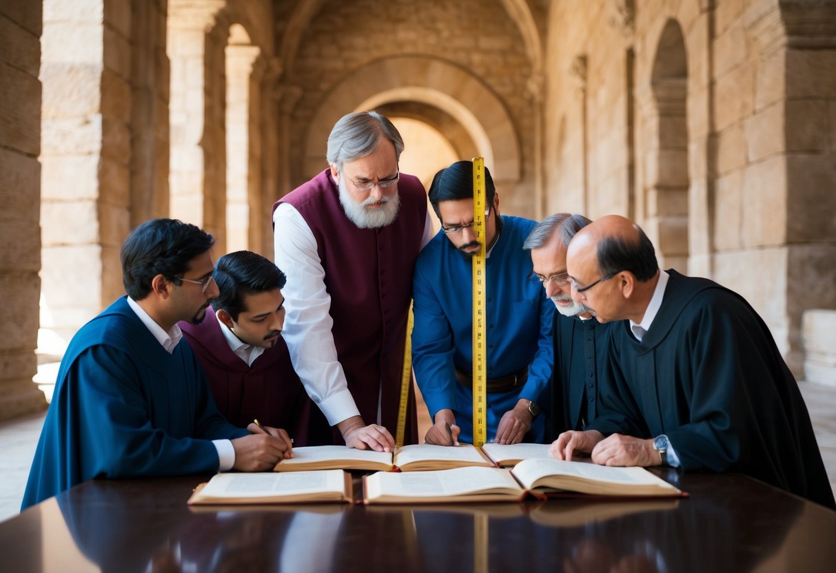 A group of scholars studying ancient artifacts and texts, measuring and discussing the height of Jesus