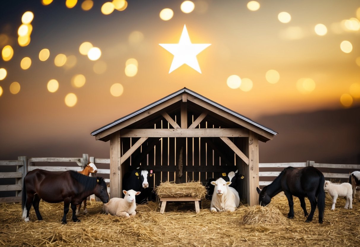 A humble stable with a manger, surrounded by animals, and a bright star shining overhead