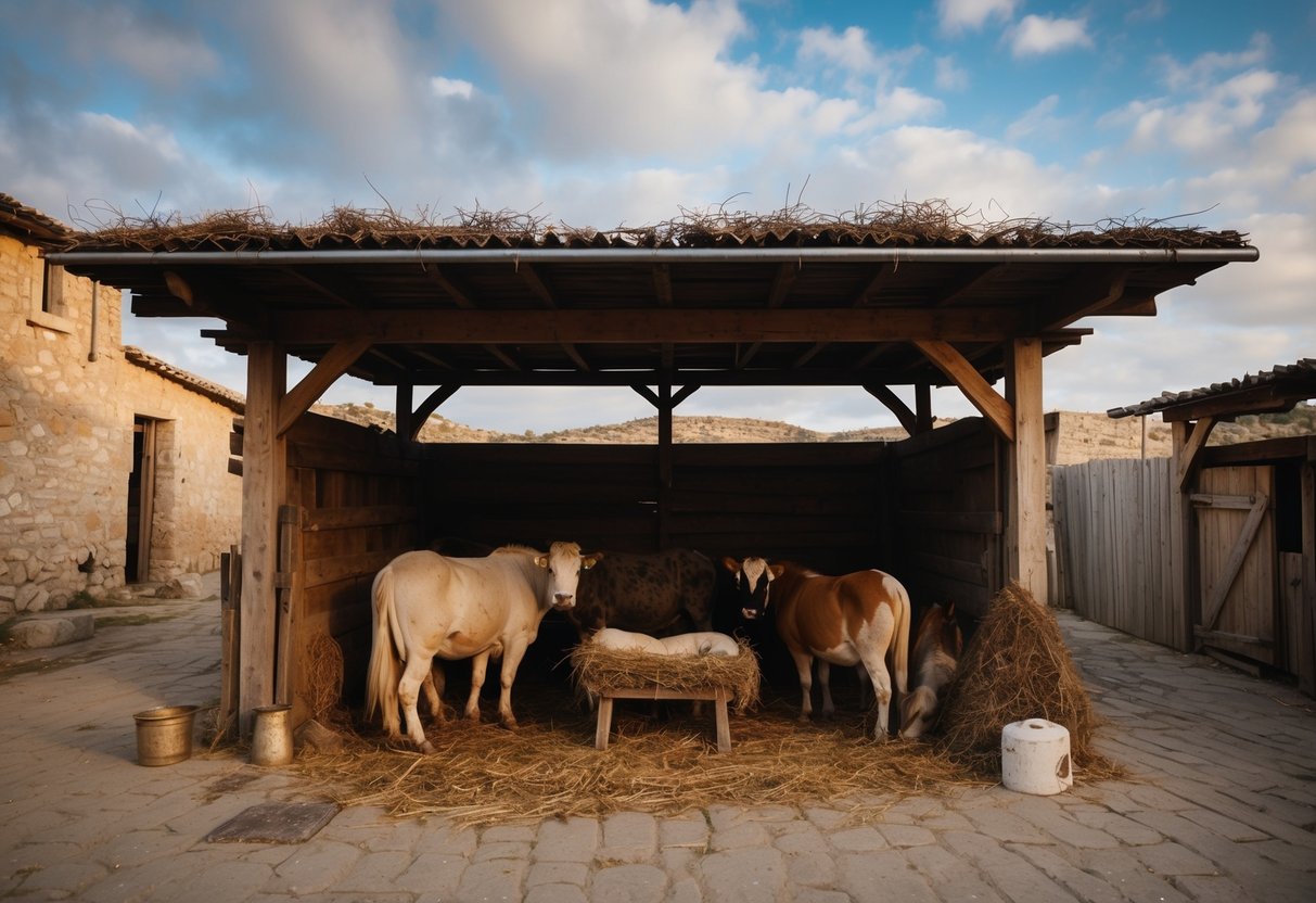 A humble stable in Bethlehem, with a manger and animals, where Jesus was born