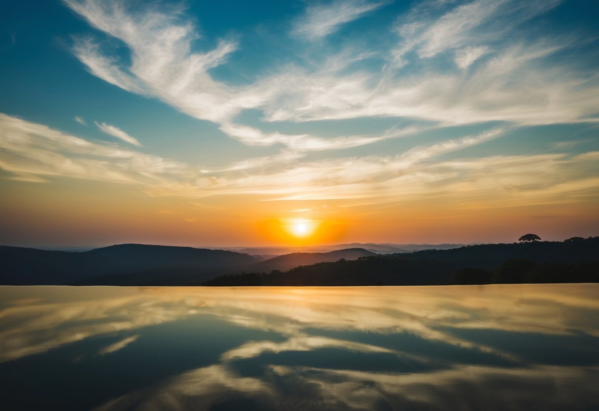 A serene landscape with a majestic sky, a glowing sun, and a peaceful atmosphere, evoking feelings of worship and reverence