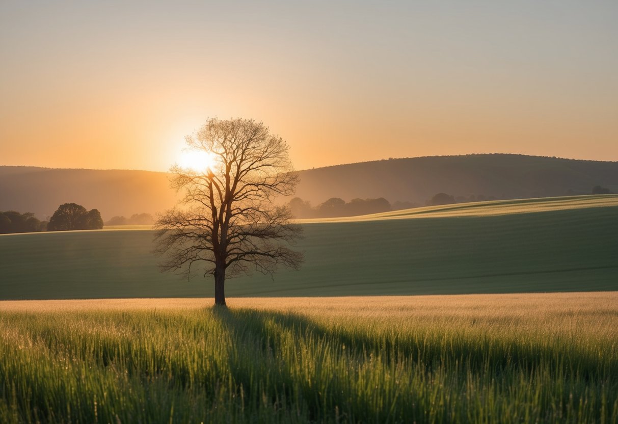A serene, open field at sunrise, with a lone tree reaching towards the sky, surrounded by softly rolling hills