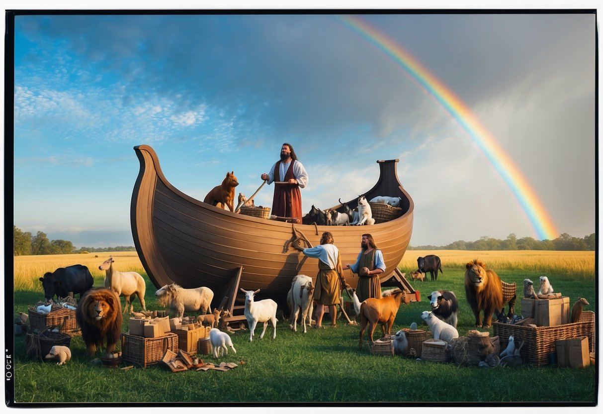 Noah building the ark, surrounded by animals and gathering supplies, under a clear sky with a rainbow in the distance