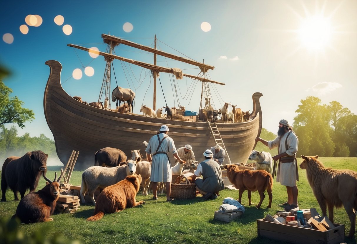 Noah constructing the ark, surrounded by various animals and gathering supplies, under a clear sky with the sun shining