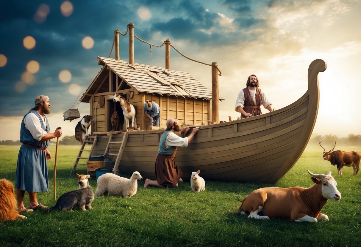 Noah constructing the ark, from gathering materials to final completion, with animals in pairs nearby