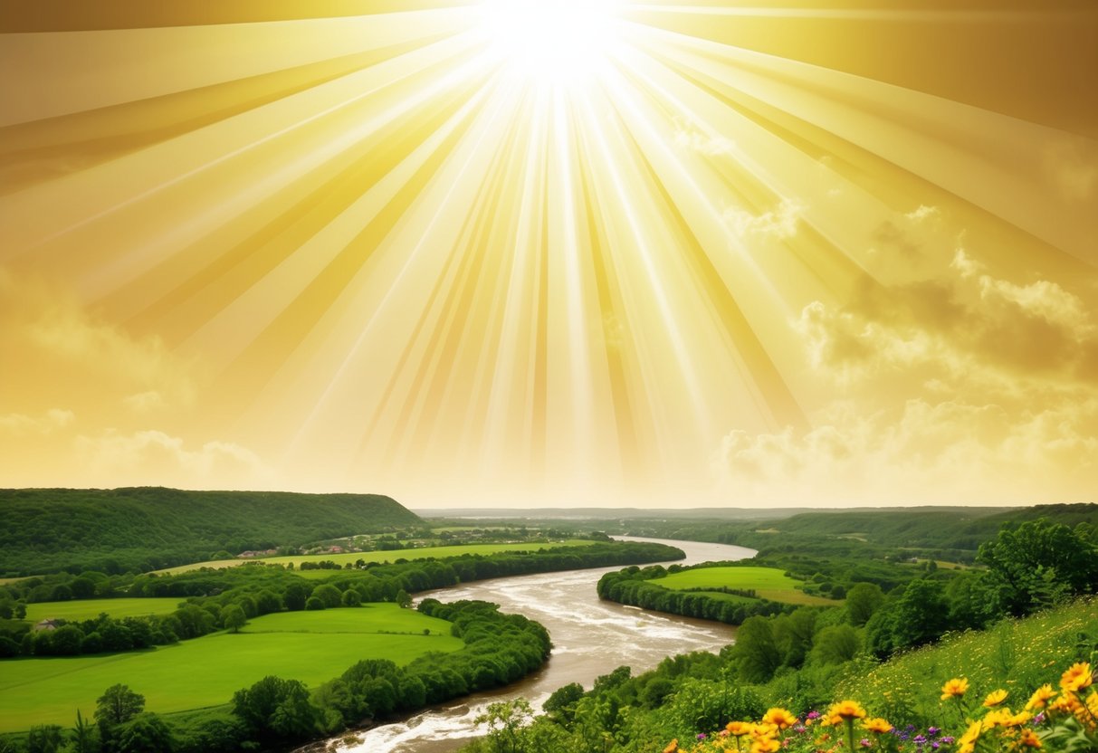 The scene shows a vast, golden sky with radiant beams of light streaming down onto lush, green landscapes dotted with colorful flowers and flowing rivers