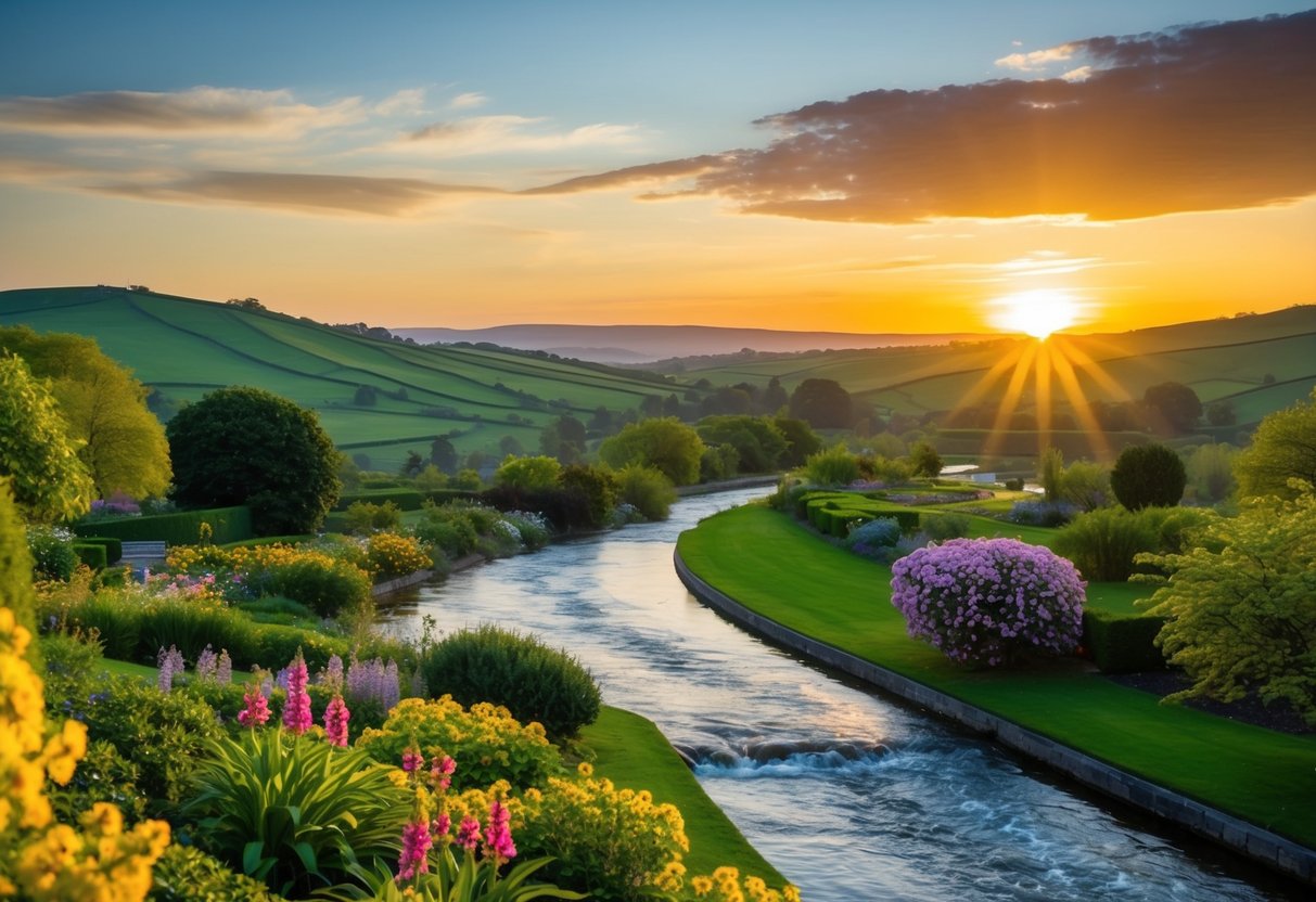 A golden sunset over rolling hills, with a peaceful river flowing through lush gardens and vibrant flowers in full bloom