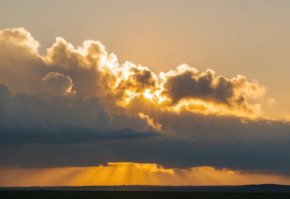 A serene landscape with golden light, fluffy clouds, and a radiant glow emanating from a distant celestial realm