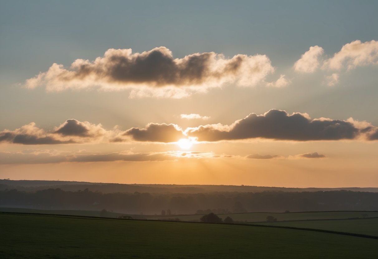 A serene landscape with golden light, fluffy clouds, and a peaceful atmosphere