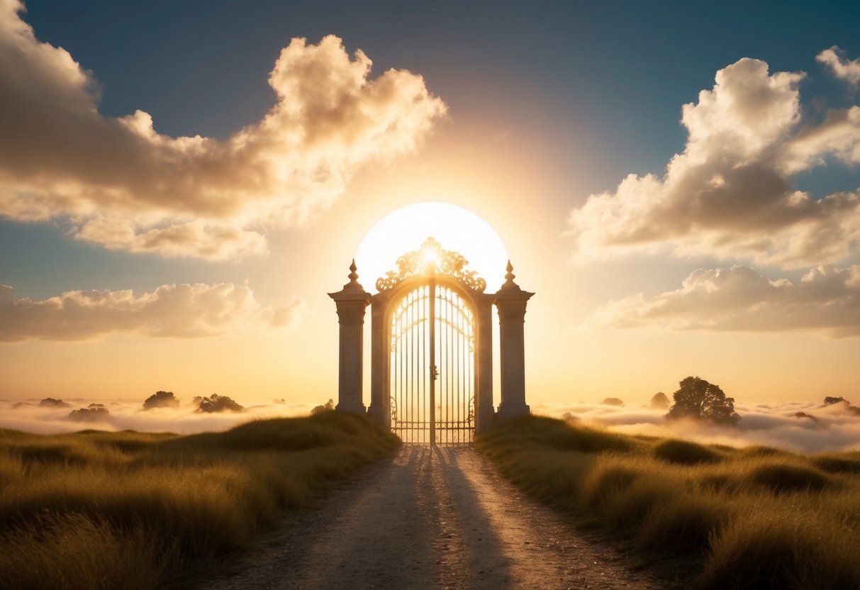 A serene, golden-lit landscape with fluffy clouds, a glowing sun, and a shimmering, ethereal gate leading to an otherworldly realm