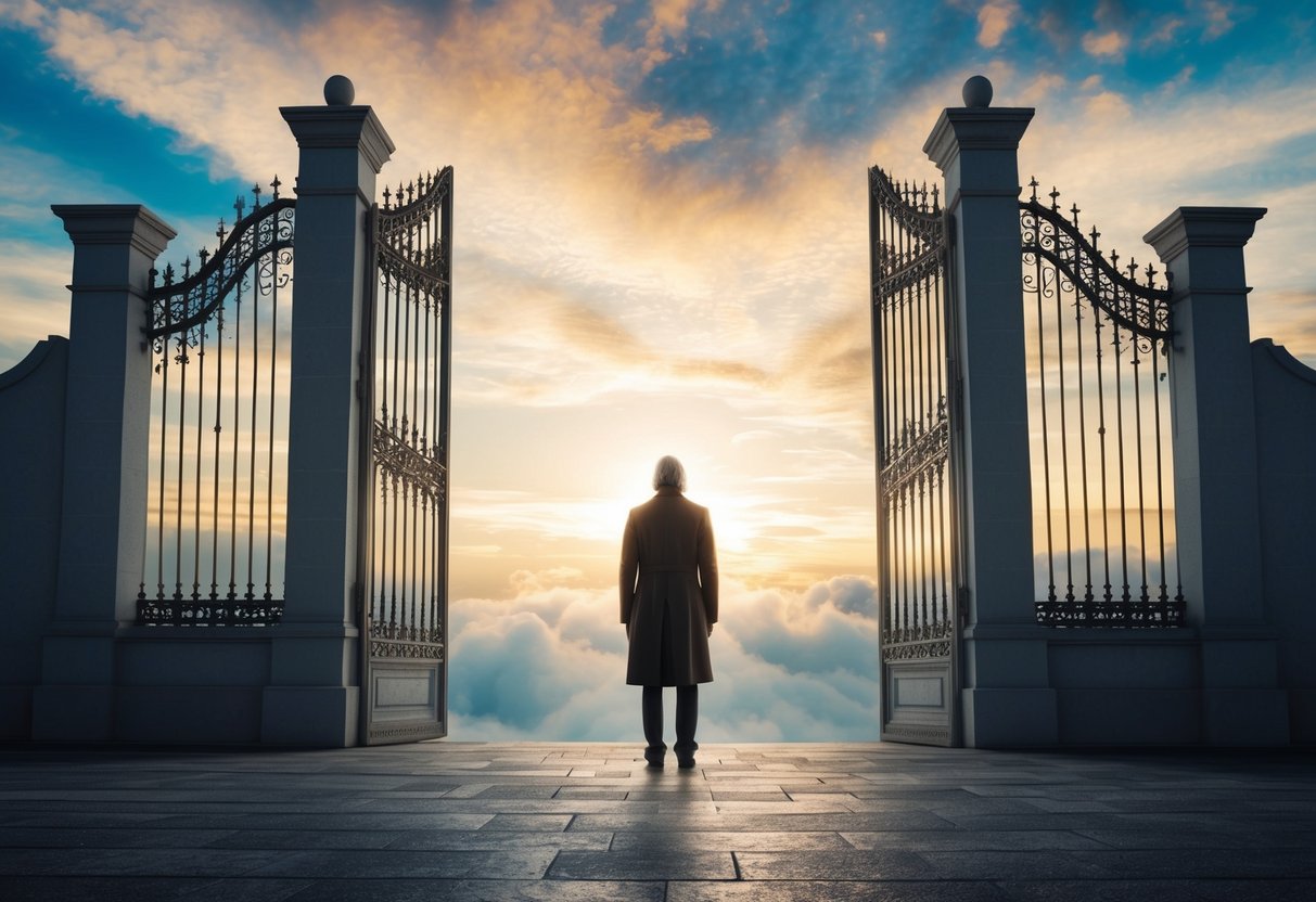 A solitary figure stands at the gates of heaven, looking up with a mix of hope and regret. The sky is a brilliant mix of colors, with a sense of peace and forgiveness in the air