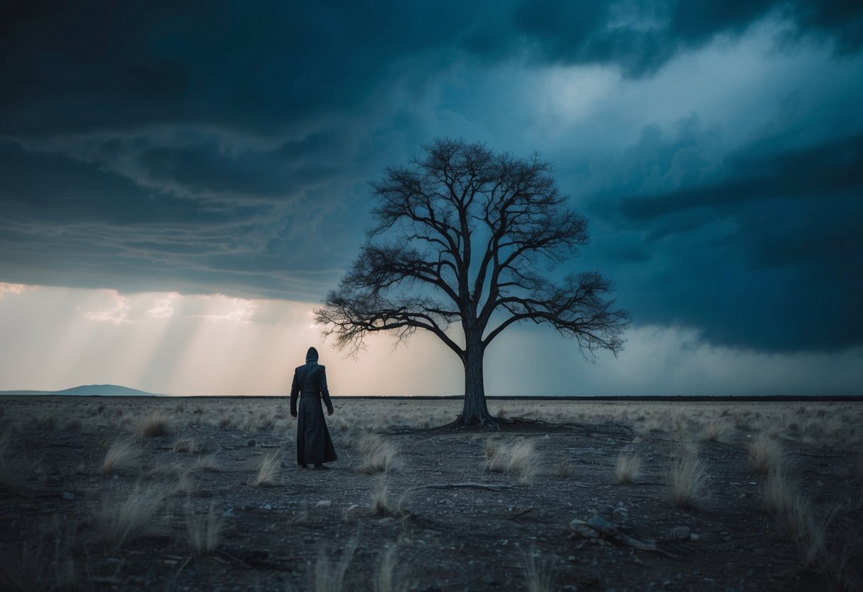 Judas's Remorse and Death: A desolate landscape with a lone tree, dark storm clouds, and a figure in despair