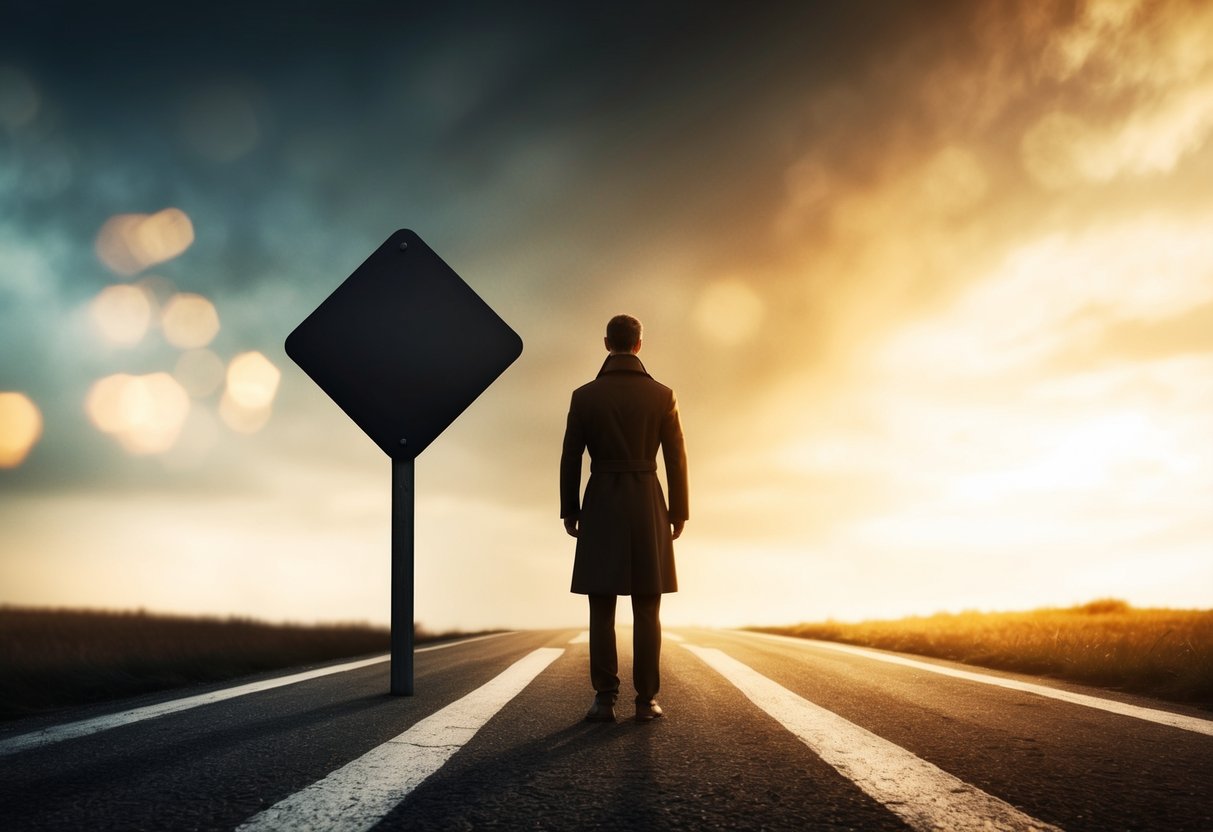 A figure stands at a crossroads, with two paths diverging. One path is shrouded in darkness, while the other is bathed in a warm, golden light