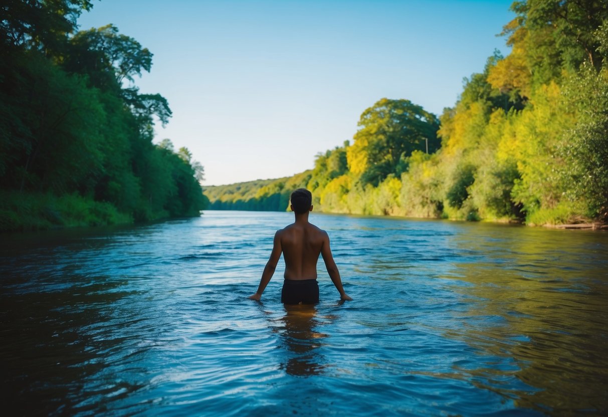 A serene, sunlit river with a figure standing waist-deep in the water, surrounded by lush greenery and a clear blue sky above