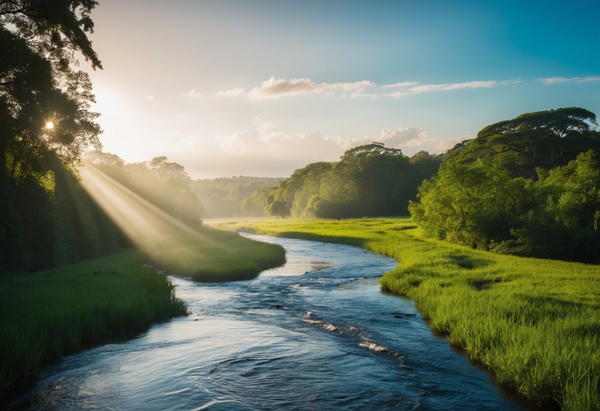 A serene river flowing through a lush, peaceful landscape, with a beam of light shining down on the water