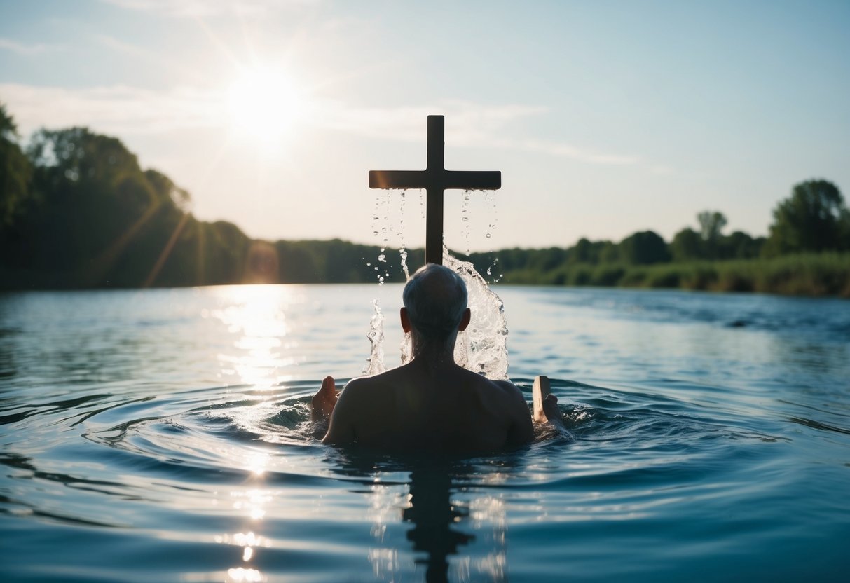 A serene river with a figure being immersed in water, surrounded by symbols of faith such as a cross or Bible, under a bright sky