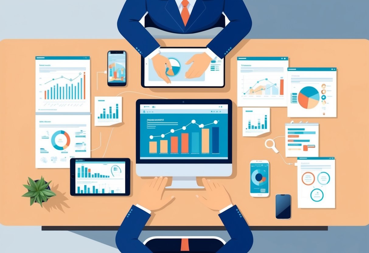 A modern office desk with a computer, tablet, and smartphone surrounded by charts and graphs, representing fintech product development