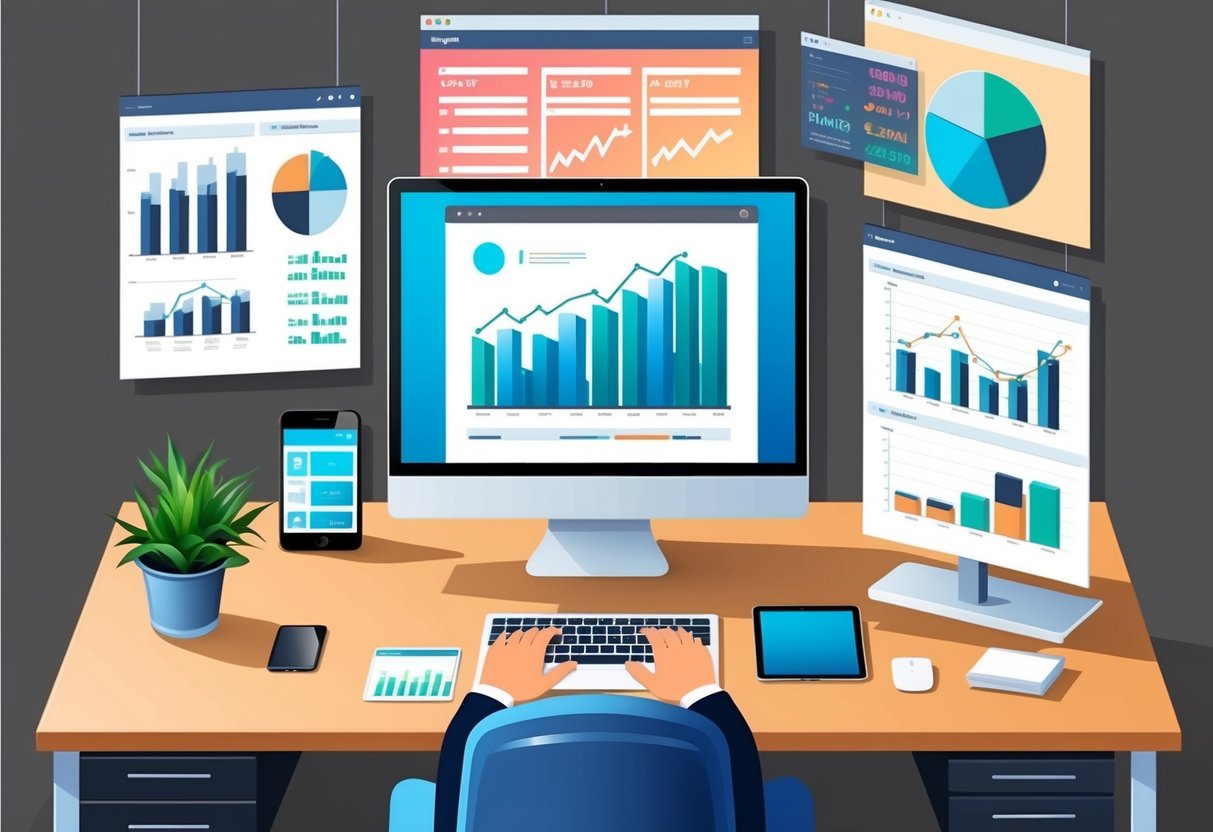 A modern office desk with a computer, tablet, and smartphone, surrounded by financial charts and graphs