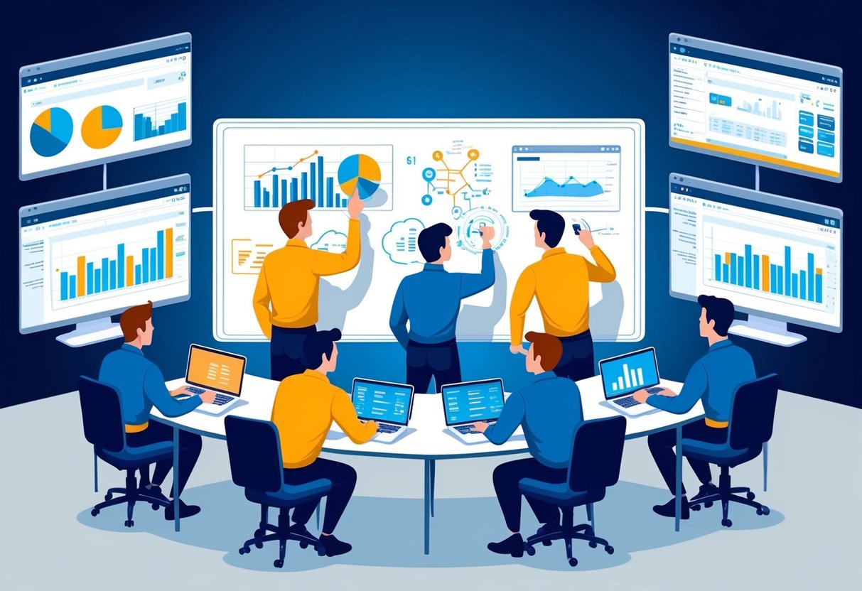 A team of developers brainstorming and sketching out ideas on a whiteboard, surrounded by computer monitors displaying financial data and code