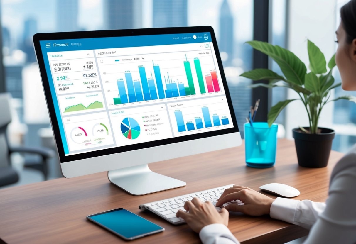 A sleek, modern interface displaying financial data and charts, with intuitive navigation and clean design