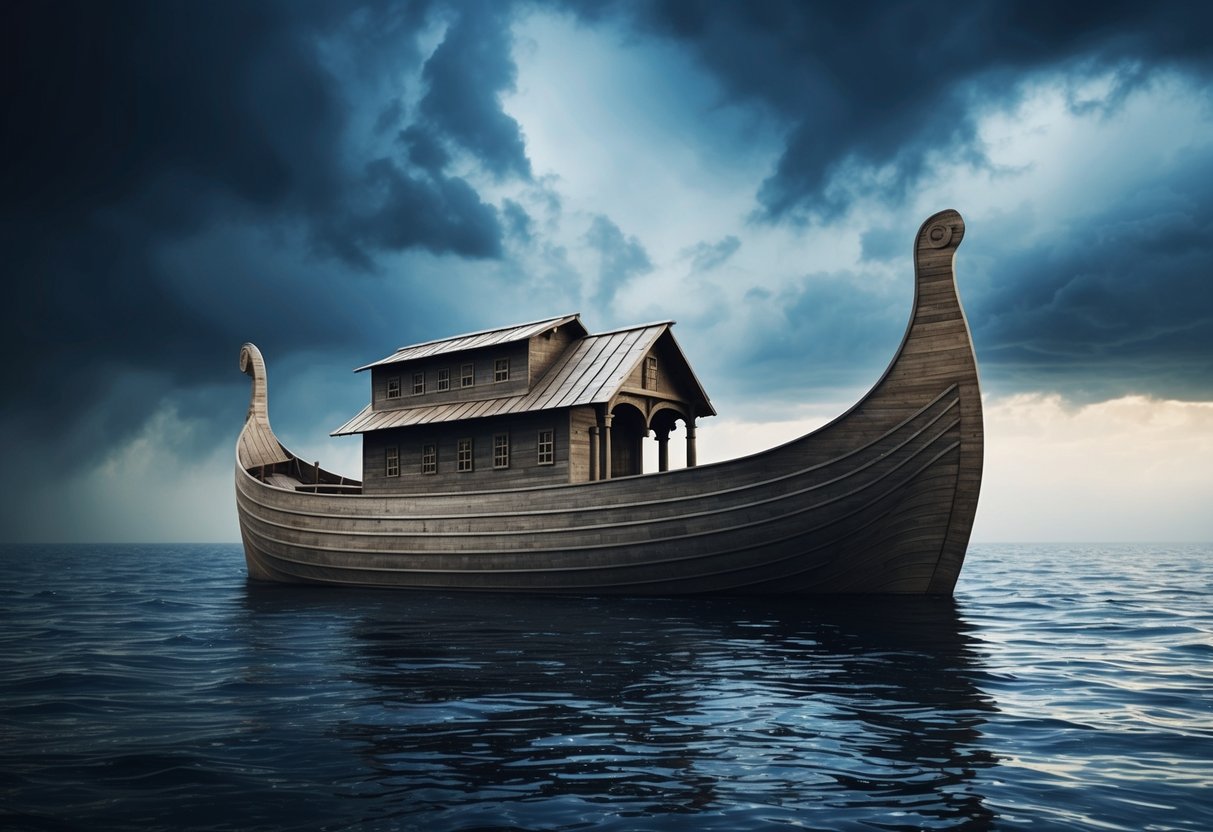 Noah's ark floating on endless waters under a stormy sky