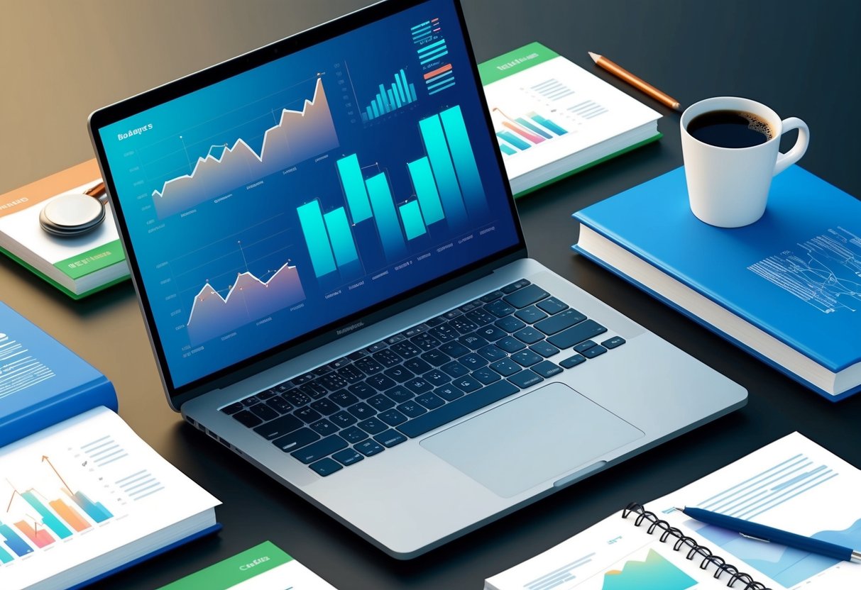A sleek laptop with financial charts and graphs displayed on the screen, surrounded by coding books and a cup of coffee