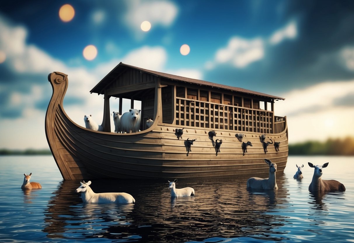 Noah's ark floating on the water, surrounded by pairs of animals