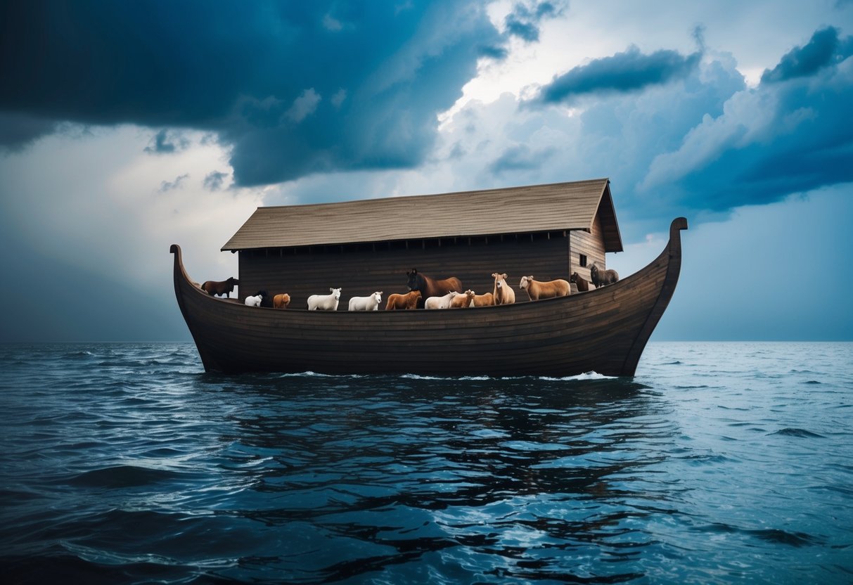 A massive wooden ark floating on rising waters under a stormy sky, with pairs of animals gathered inside