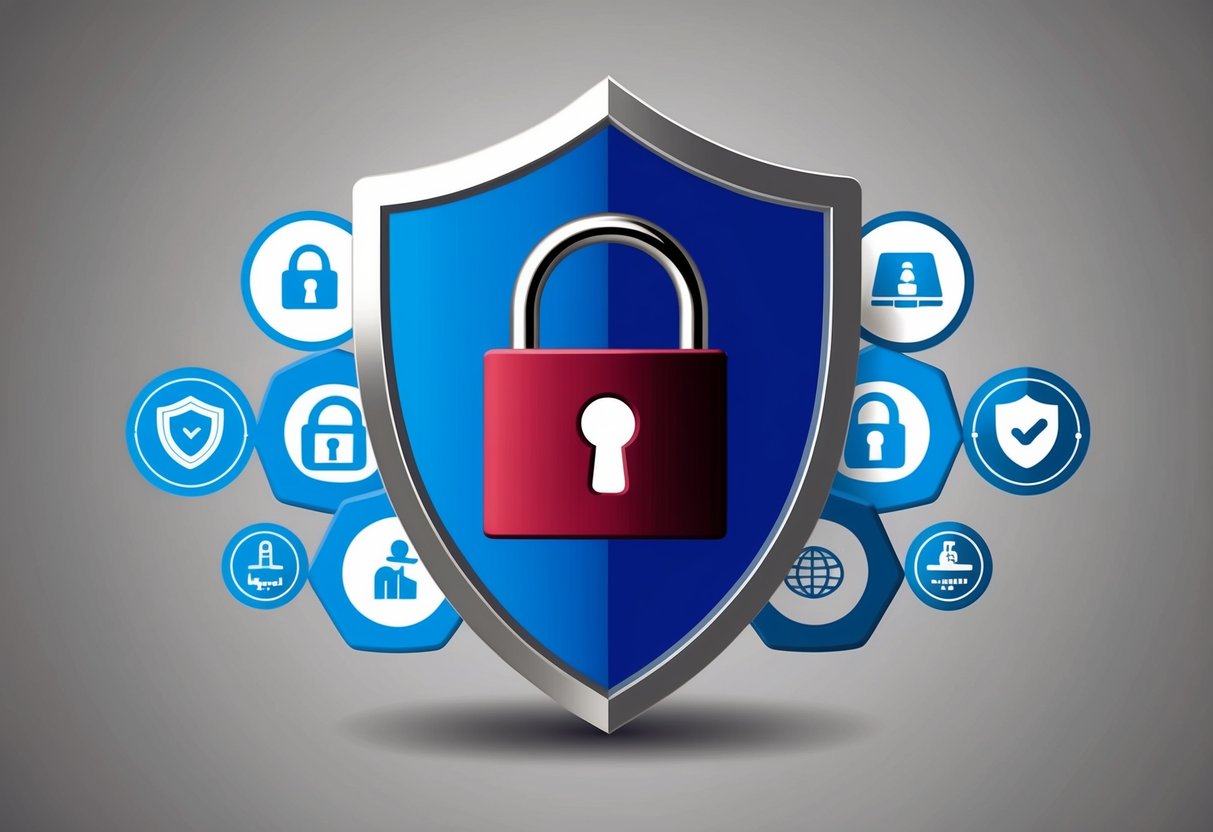 A secure lock icon hovering over a shield, surrounded by various compliance symbols
