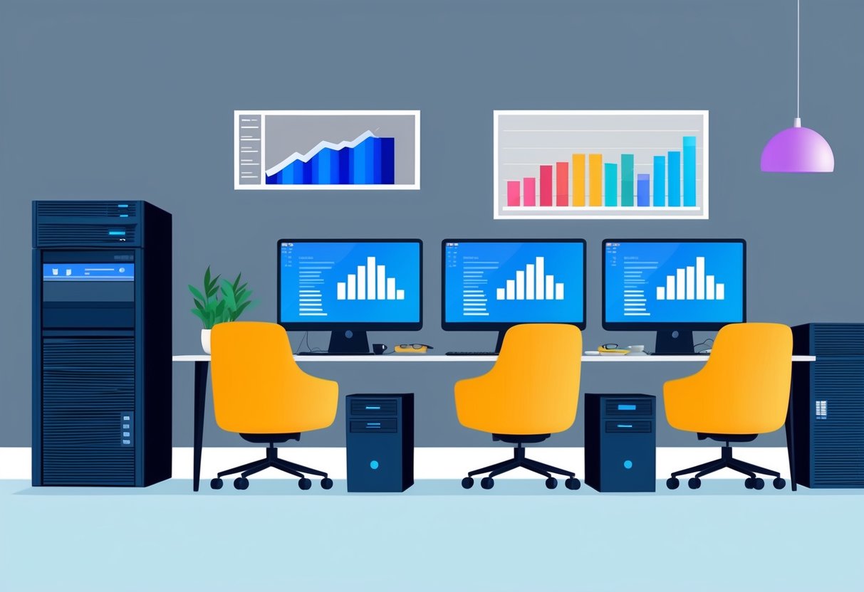 A modern office with computer screens, servers, and financial charts