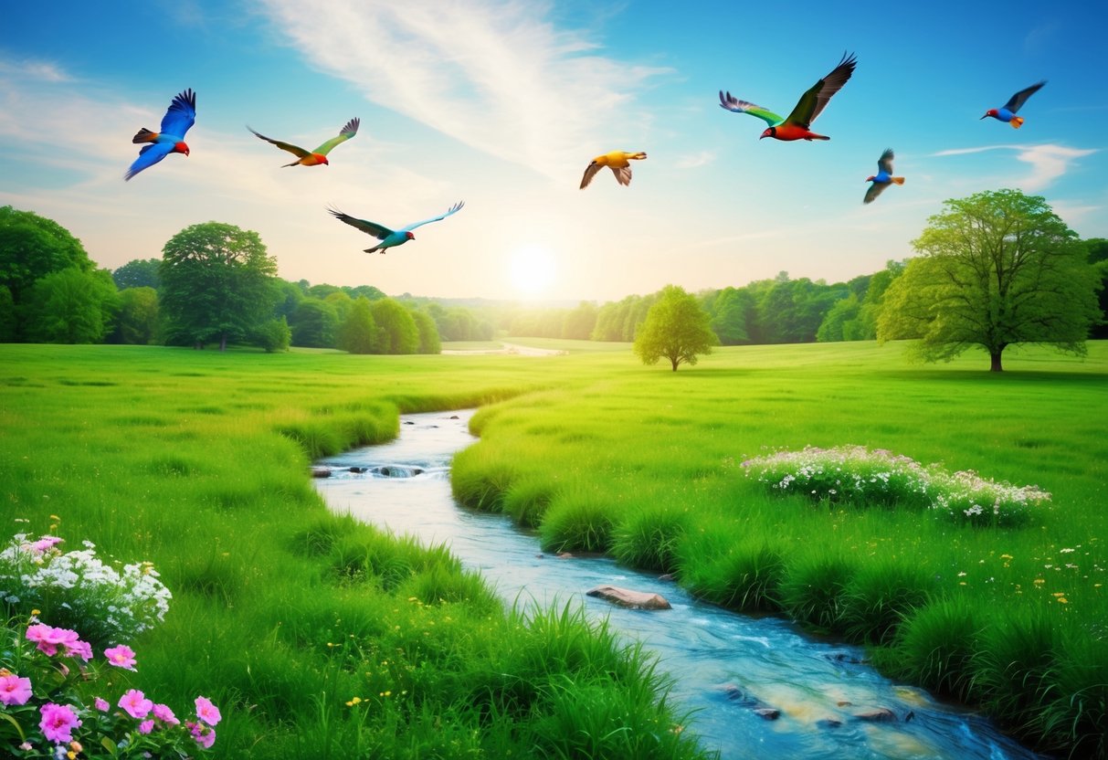 A serene landscape with lush green meadows, blooming flowers, and clear blue skies, where gentle streams flow and colorful birds soar freely