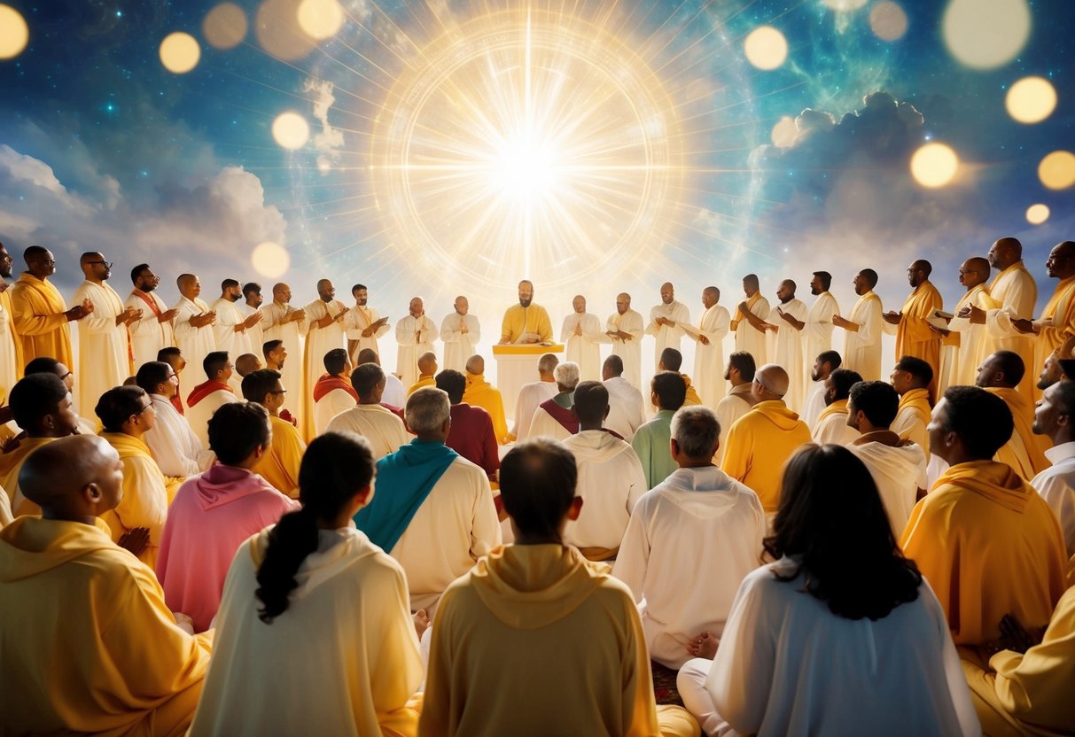 A radiant gathering of beings in celestial light, engaged in harmonious worship and fellowship amidst ethereal surroundings