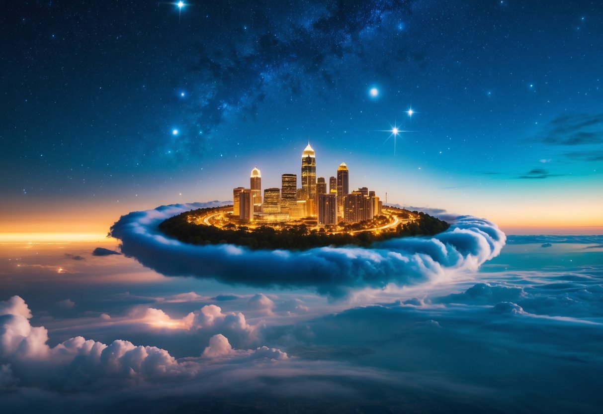 Vibrant clouds swirling around a golden city floating above a tranquil landscape. Glowing stars and celestial bodies dot the sky