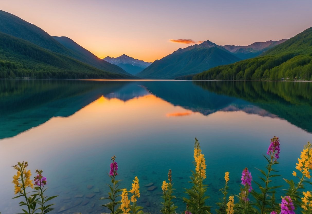 A serene, golden sunset over a tranquil, crystal-clear lake surrounded by lush, green mountains and vibrant, blooming flowers