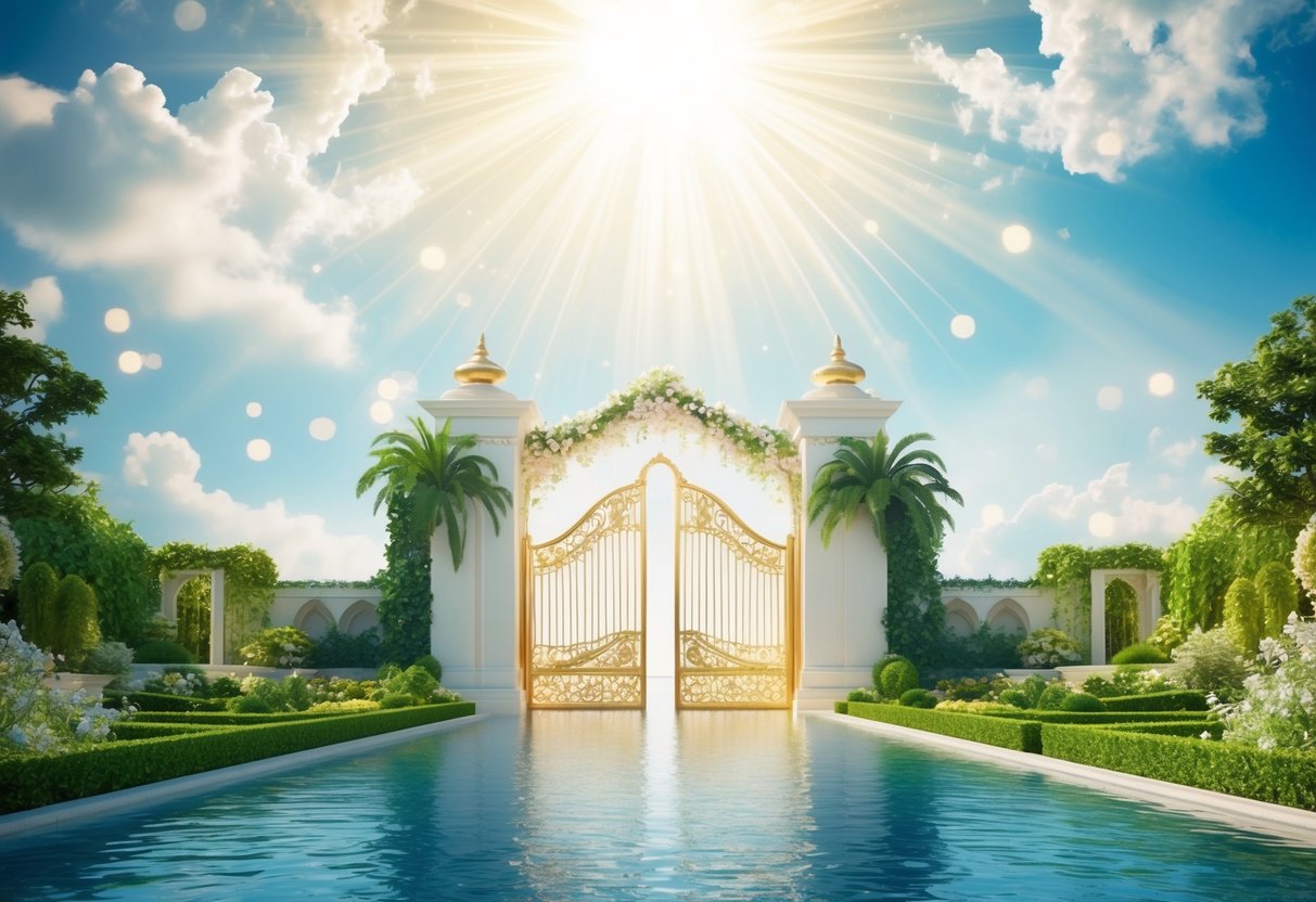 A serene, ethereal realm with golden gates, pearly clouds, and radiant light streaming from above, surrounded by lush gardens and shimmering waters