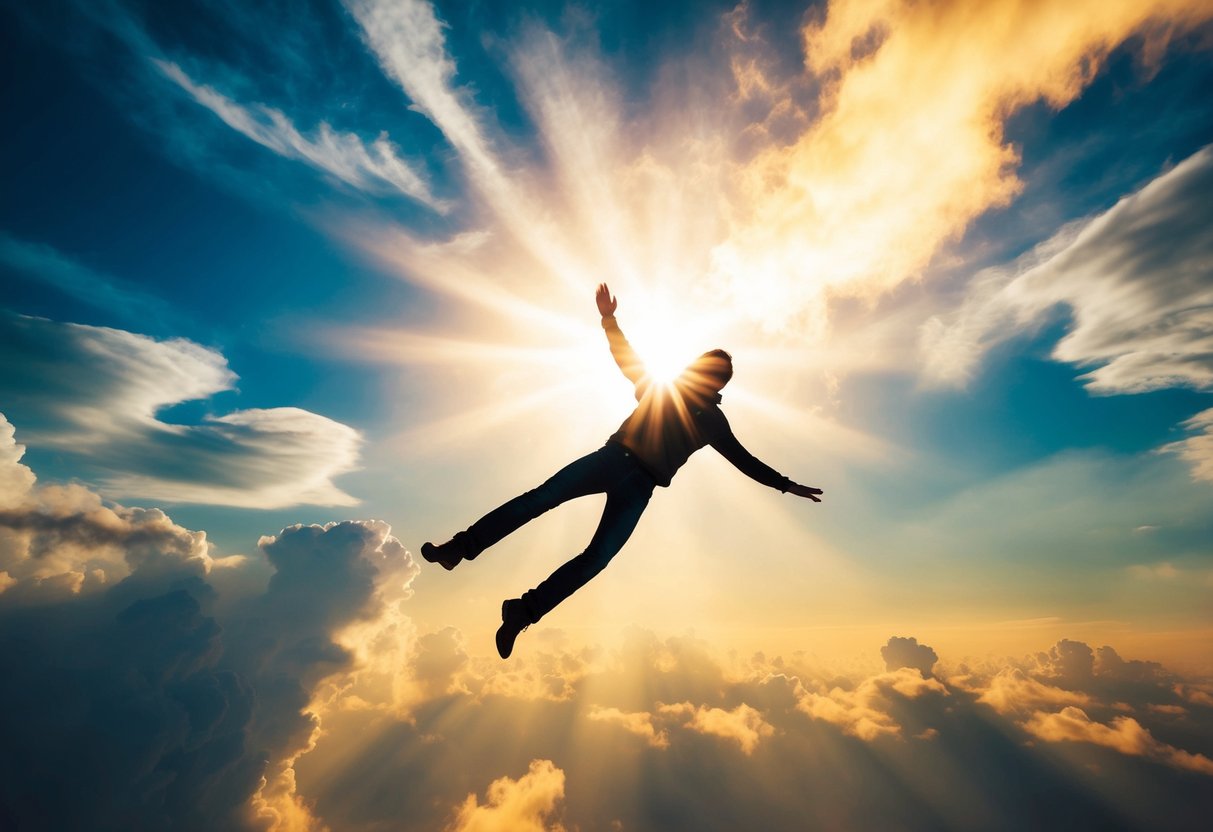 A figure falling from a radiant sky, surrounded by swirling clouds and fiery light