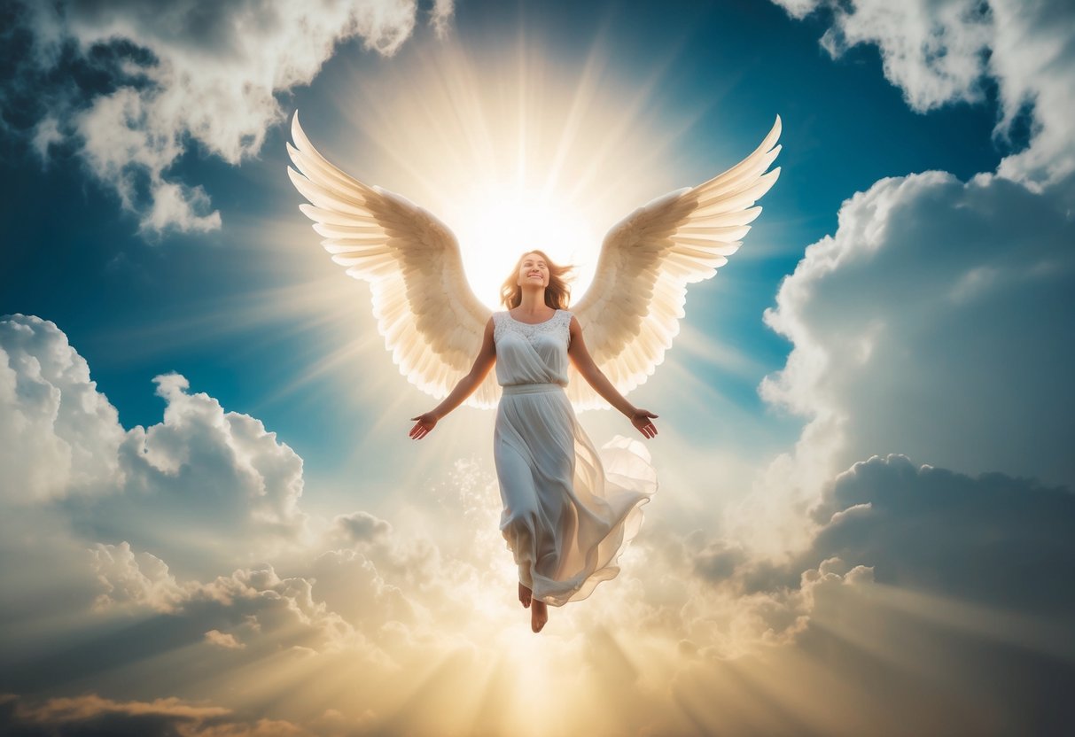 A majestic angel is cast out of a heavenly realm, surrounded by swirling clouds and radiant light