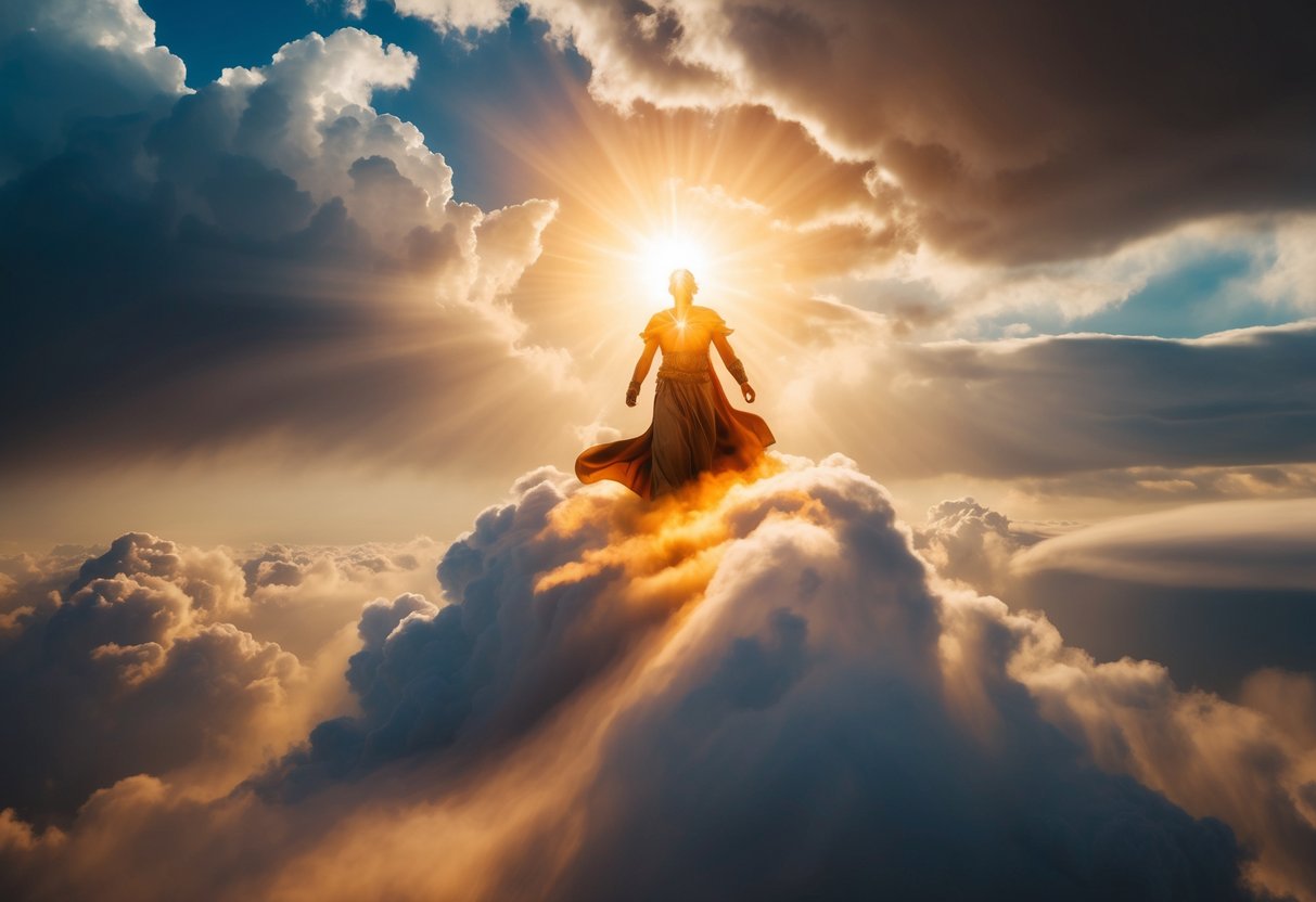 A majestic figure surrounded by a radiant glow falls from the heavens, surrounded by a storm of swirling clouds and fiery light