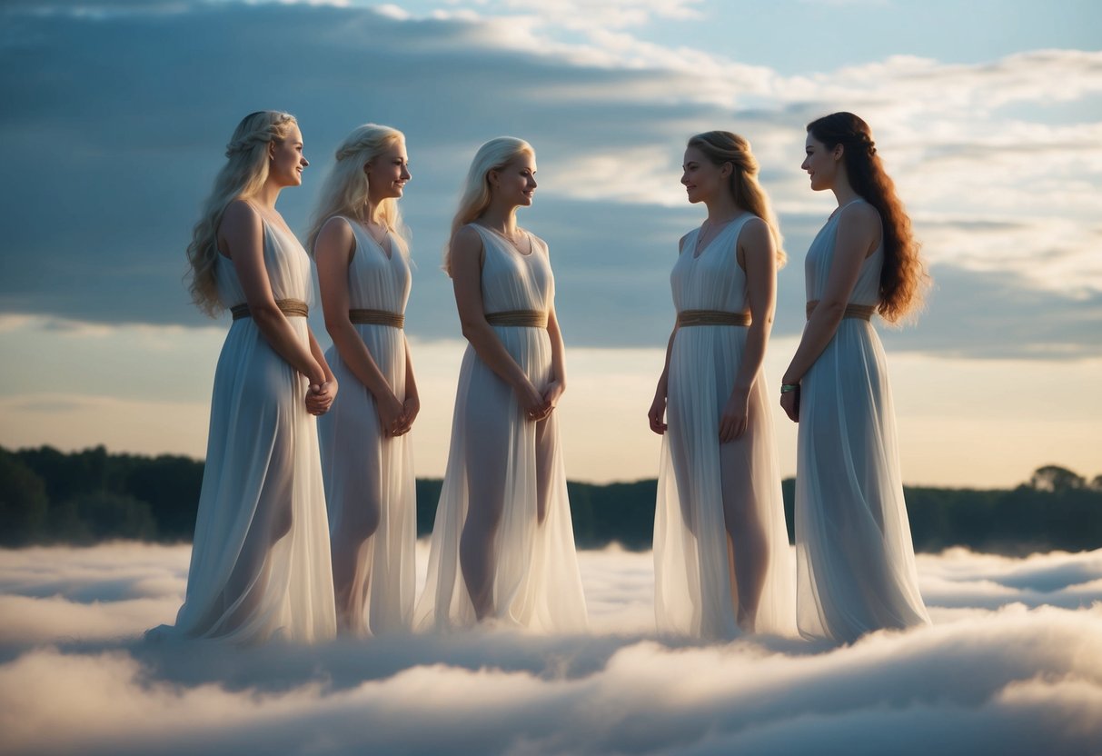 A group of ethereal figures stand on a serene, cloud-filled landscape, gazing at each other with warmth and recognition